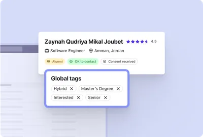 Product image of Beamery showcasing a candidate profile with Tags to enable categorization and segmentation - from seniority tagging to whether they are an employee, alumni, or candidate, and consent was given to contact to ensure compliance.