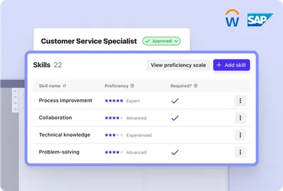Screenshot of the Beamery product - skills required for a vacancy with proficiency ratings which sync back to the vacancy in Workday or SAP SuccessFactors