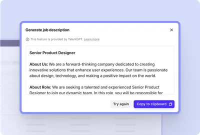 Product image of Beamery AI generating a job description to help make the team more efficient